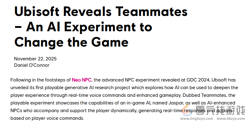 育碧公布新AI研究Teammates 让游戏NPC能够听懂玩家指示(图2)